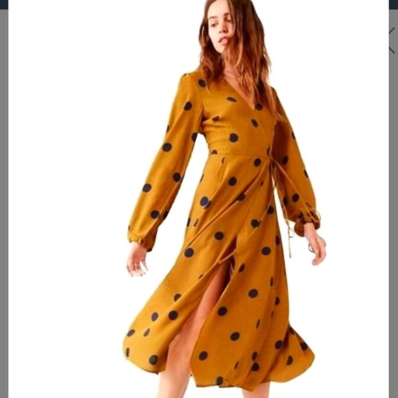 mustard polka dot wrap dress